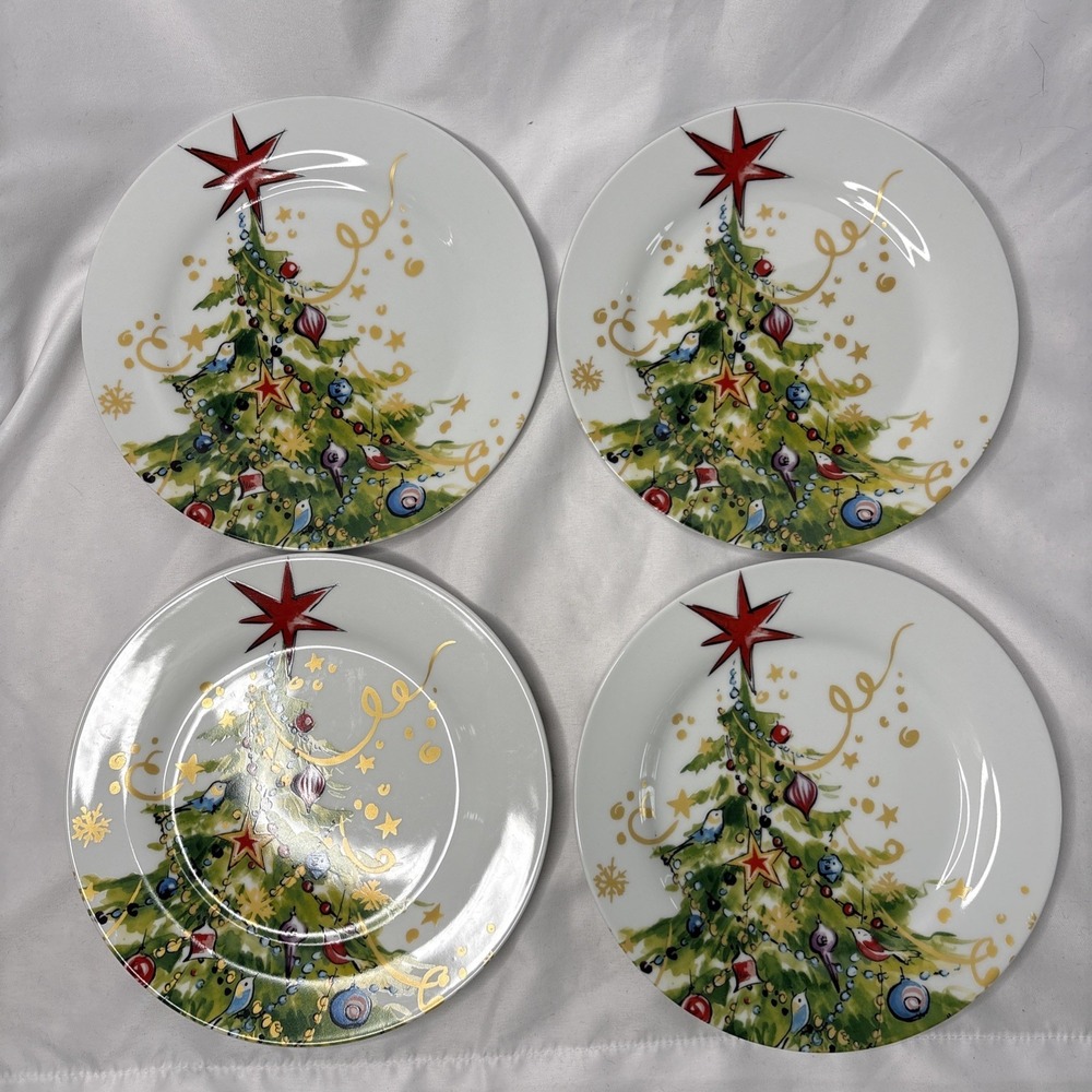 4 Pottery Barn CHRISTMAS TREE 9" Salad Plate Discontinued Holiday China Pattern
